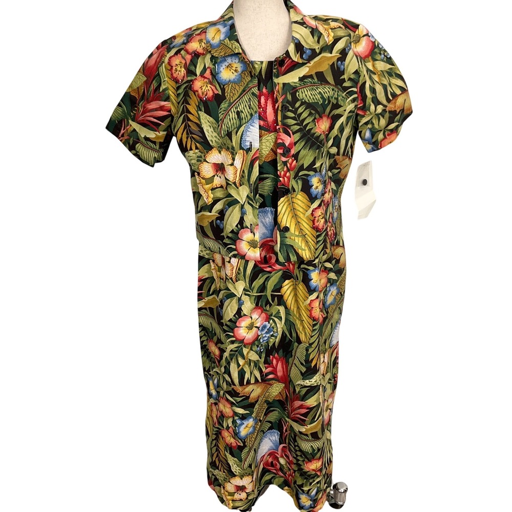 Citi Dress Set Womens 12 Black Green Tropical Floral Maxi Bead Resortwear